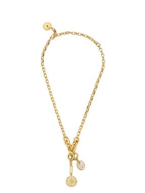 Voyager Gold Charm Chain Necklace with Coin and Pearl Accent